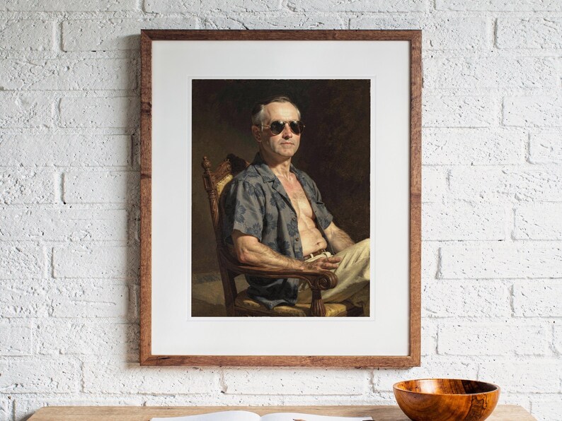 Calvin Coolidge Surfer printable art, shown printed in a Red Oak frame with a white mat, hanging above the desk in a home office.