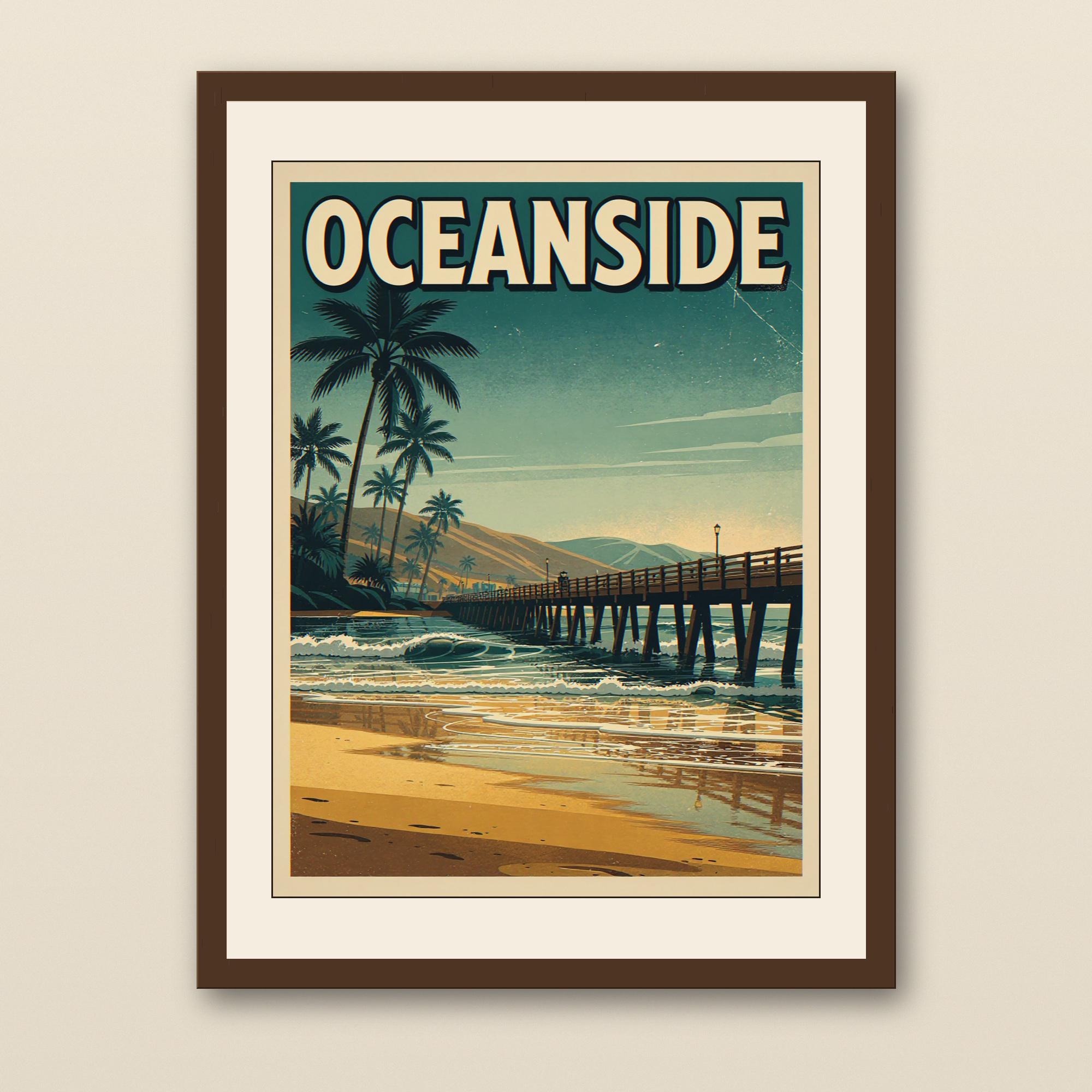 Oceanside California Surf Poster - walnut framed art print with cream mat on plaster wall