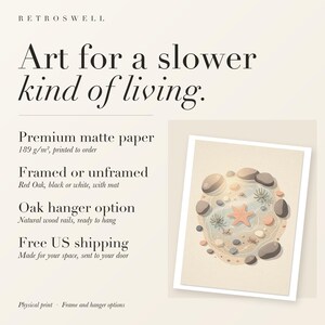 RetroSwell print details for Tide Pool Nursery: premium 189 g/m² matte paper, framed or unframed, oak hanger option, free US shipping.
