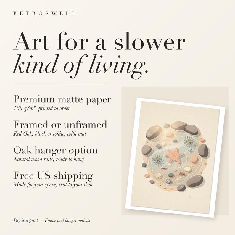 RetroSwell print details for Tide Pool Nursery: premium 189 g/m² matte paper, framed or unframed, oak hanger option, free US shipping.