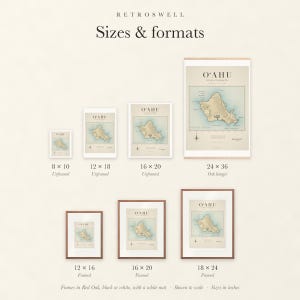 Sizes and formats for Oʻahu Surf Map, shown to scale: unframed prints, oak hanger and framed prints.