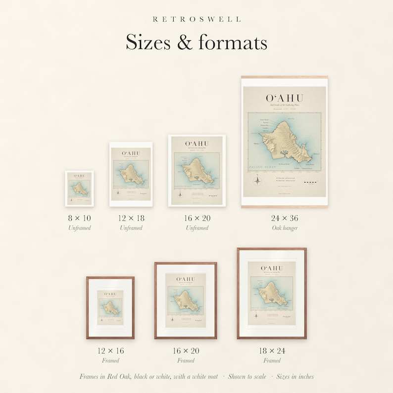 Sizes and formats for Oʻahu Surf Map, shown to scale: unframed prints, oak hanger and framed prints.