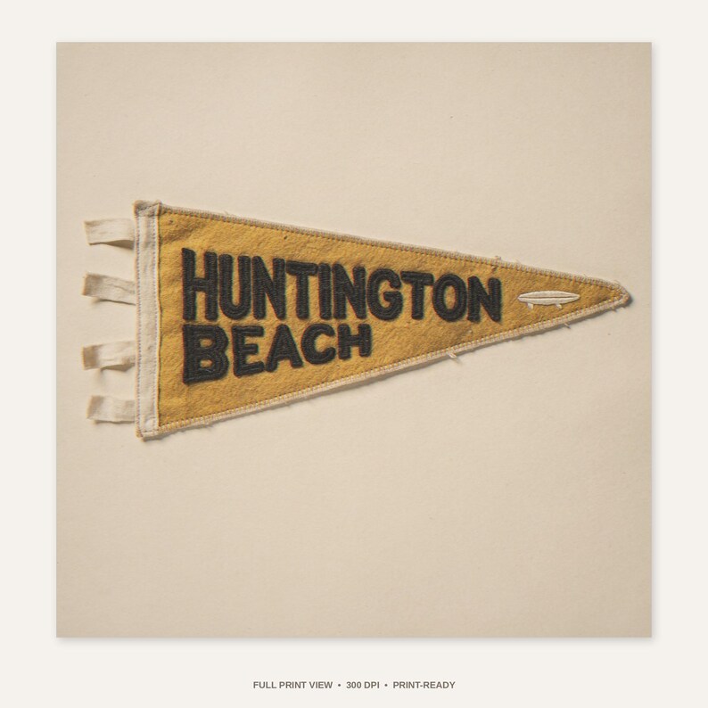 Huntington Beach Vintage Surf Pennant Print - full unframed print view, 300 DPI print-ready quality