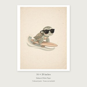 Surfing Sea Turtle unframed 16 by 20 inch print on enhanced matte paper, shown with its white paper border.