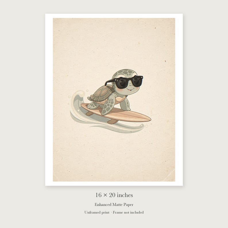 Surfing Sea Turtle unframed 16 by 20 inch print on enhanced matte paper, shown with its white paper border.