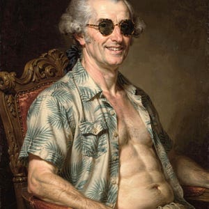 James Madison surfer portrait, full artwork: classical oil-painting style, sunglasses and a Hawaiian shirt.