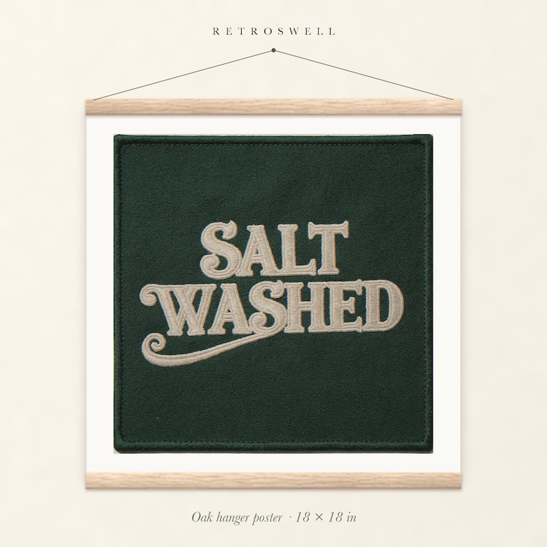 Salt Washed Patch oak hanger poster, 18 by 18 inches, with natural wood rails and a hanging cord.