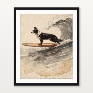 Border Collie surfingtryck, surfhundbarnrumskonst, kustnära barnrumsdekor, hundälskarepresent, utskrivbar väggkonst digital nedladdning bild 3
