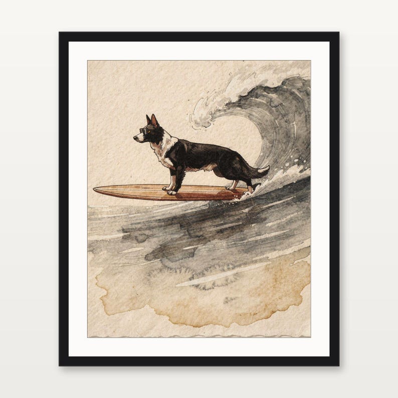 Border Collie surfingtryck, surfhundbarnrumskonst, kustnära barnrumsdekor, hundälskarepresent, utskrivbar väggkonst digital nedladdning bild 3