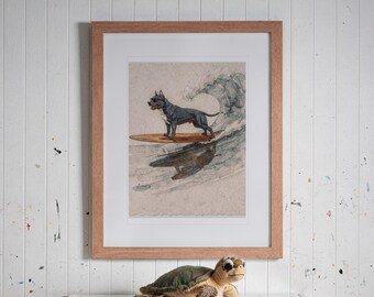 Lámina artística de Pit Bull surfeando, póster de perro costero con o sin marco.