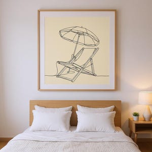 Boho Beach Chair and Umbrella Line Art framed in a modern bedroom setting