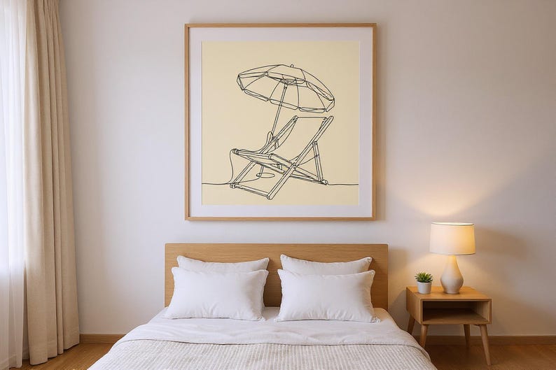 Boho Beach Chair and Umbrella Line Art framed in a modern bedroom setting