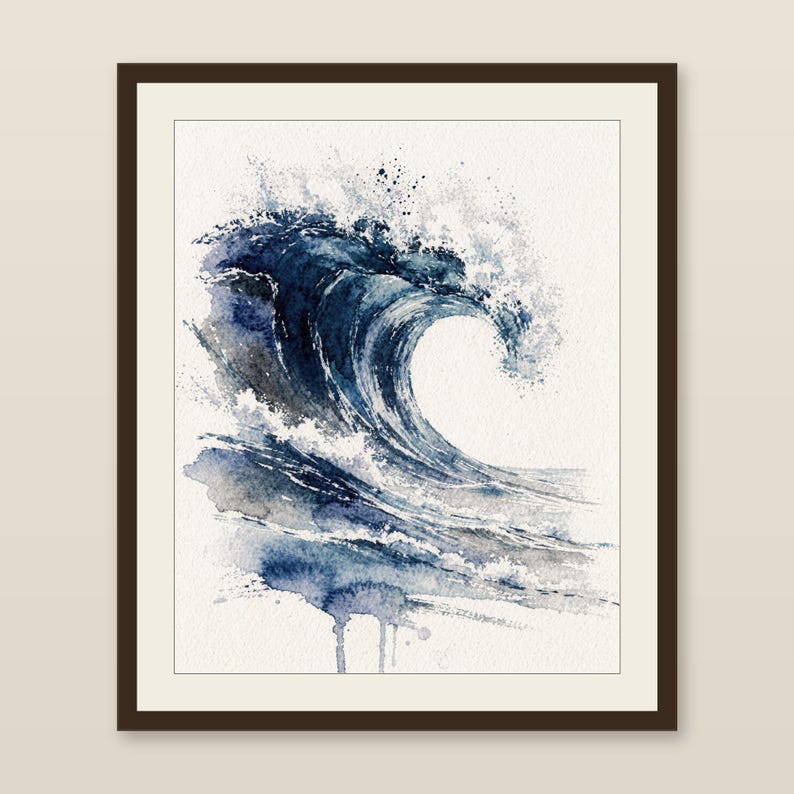 Stampa artistica ad acquerello con onde, La Cresta, Dipinto dell'Oceano Blu di Prussia, Decorazione murale costiera, Arte del surf, Stampa artistica digitale da parete immagine 1