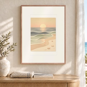 Pastel zonsondergang kustlijn babykamer kunstprint, ingelijst of oningelijst. Kustthema babykamer poster. afbeelding 12