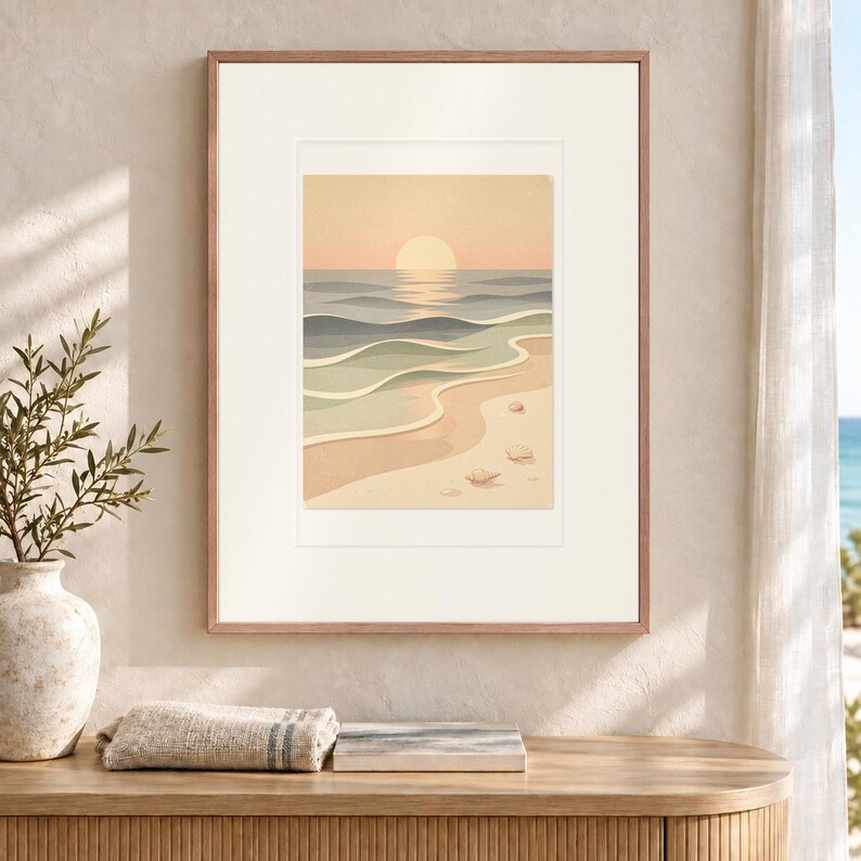 Pastel zonsondergang kustlijn babykamer kunstprint, ingelijst of oningelijst. Kustthema babykamer poster. afbeelding 12