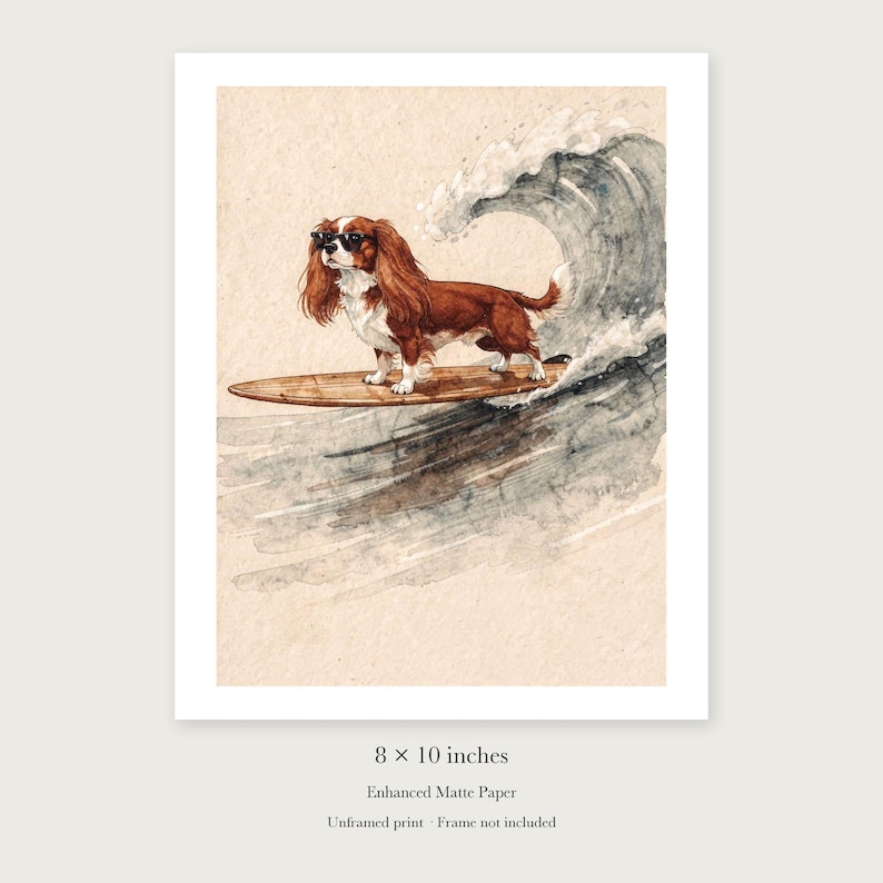 Cavalier King Charles Spaniel Surfing unframed 8 by 10 inch print on enhanced matte paper, shown with its white paper border.