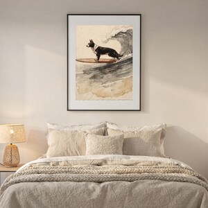 Border Collie surfingtryck, surfhundbarnrumskonst, kustnära barnrumsdekor, hundälskarepresent, utskrivbar väggkonst digital nedladdning bild 7