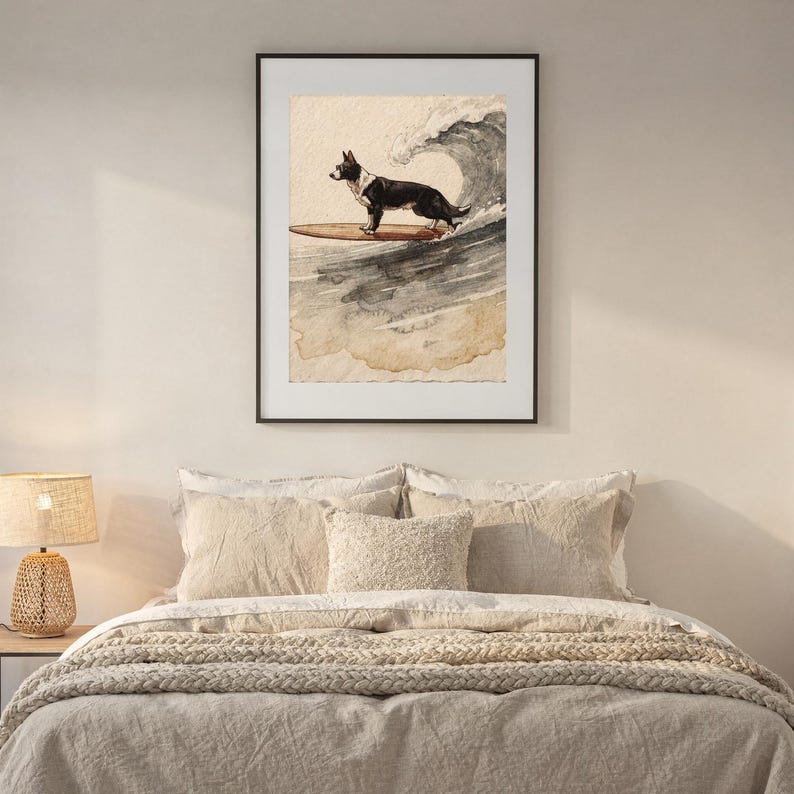 Border Collie surfingtryck, surfhundbarnrumskonst, kustnära barnrumsdekor, hundälskarepresent, utskrivbar väggkonst digital nedladdning bild 7