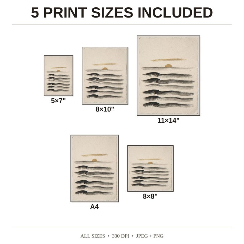 Sumi-e Seven Waves with Gold Accent Print - available print sizes: 5x7, 8x10, 11x14, A4, and square