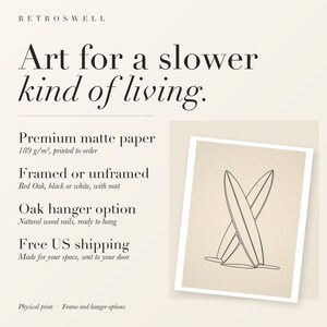 RetroSwell print details for Crossed Surfboards Line: premium 189 g/m² matte paper, framed or unframed, oak hanger option, free US shipping.