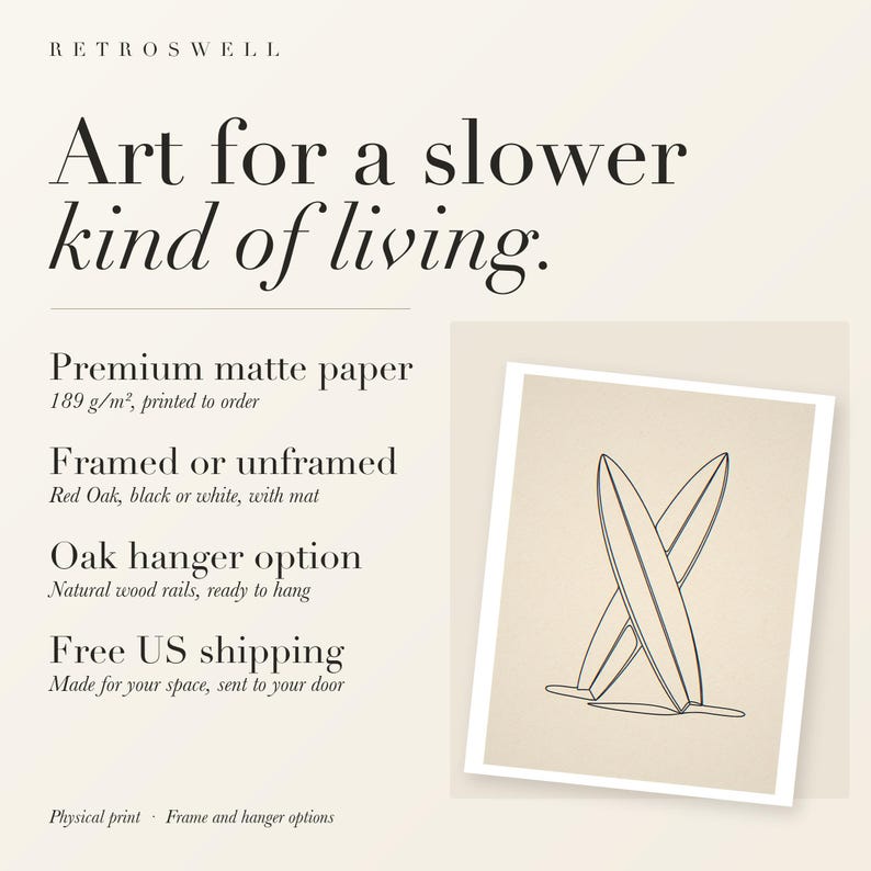 RetroSwell print details for Crossed Surfboards Line: premium 189 g/m² matte paper, framed or unframed, oak hanger option, free US shipping.