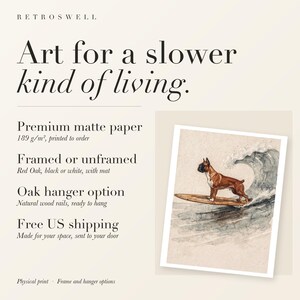 RetroSwell print details for Boxer Surfing: premium 189 g/m² matte paper, framed or unframed, oak hanger option, free US shipping.