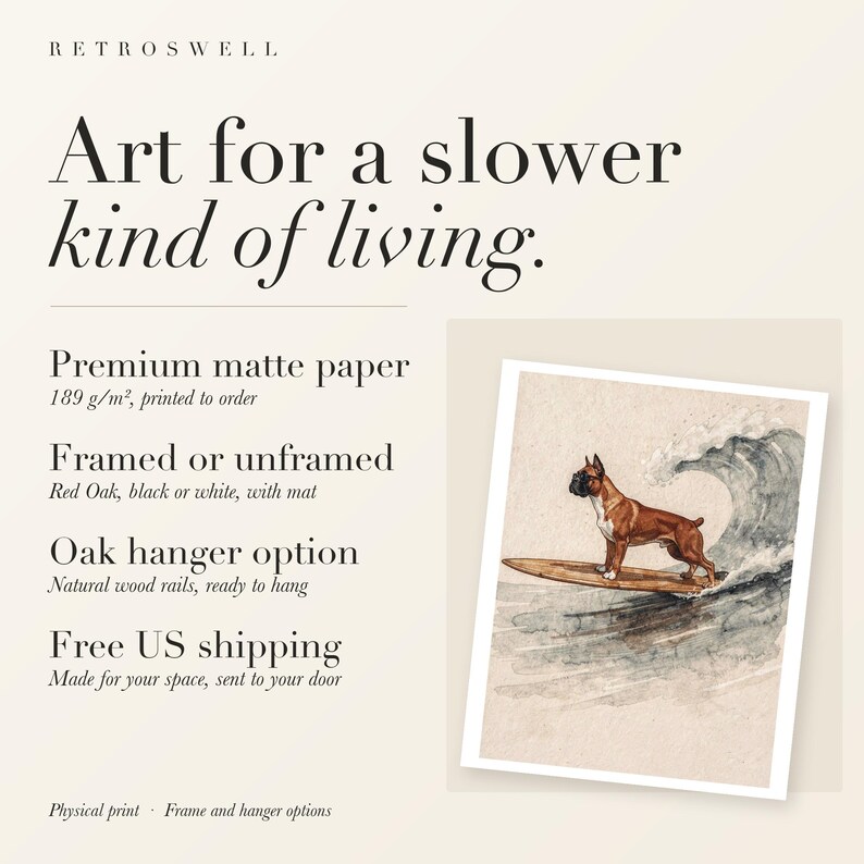 RetroSwell print details for Boxer Surfing: premium 189 g/m² matte paper, framed or unframed, oak hanger option, free US shipping.