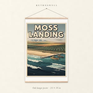 Moss Landing Surf oak hanger poster, 24 by 36 inches, with natural wood rails and a hanging cord.