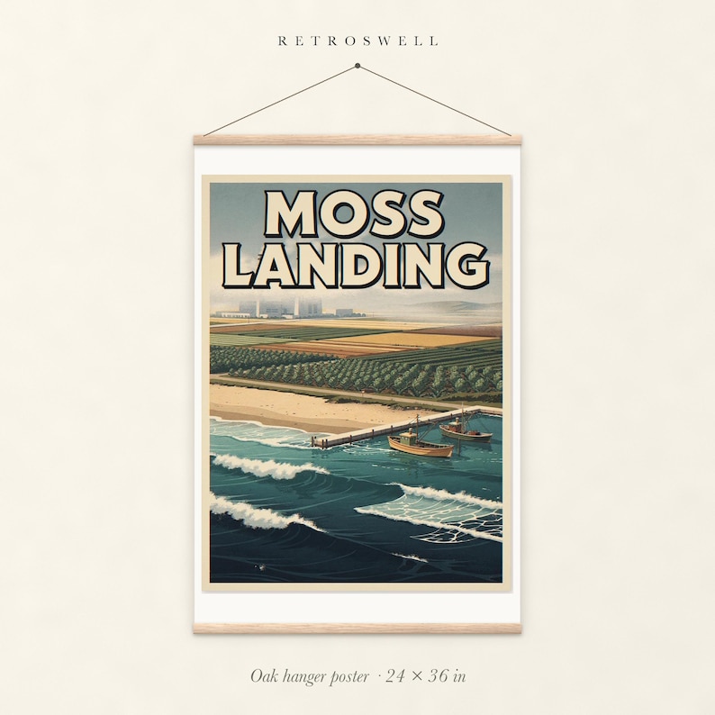 Moss Landing Surf oak hanger poster, 24 by 36 inches, with natural wood rails and a hanging cord.