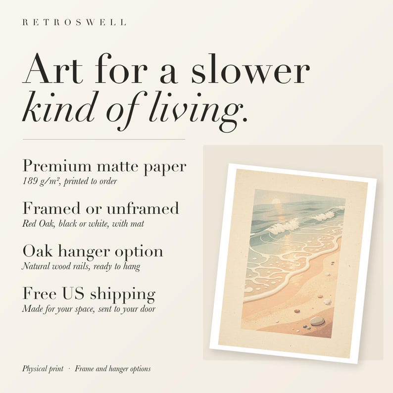 RetroSwell print details for Ocean Waves: premium 189 g/m² matte paper, framed or unframed, oak hanger option, free US shipping.