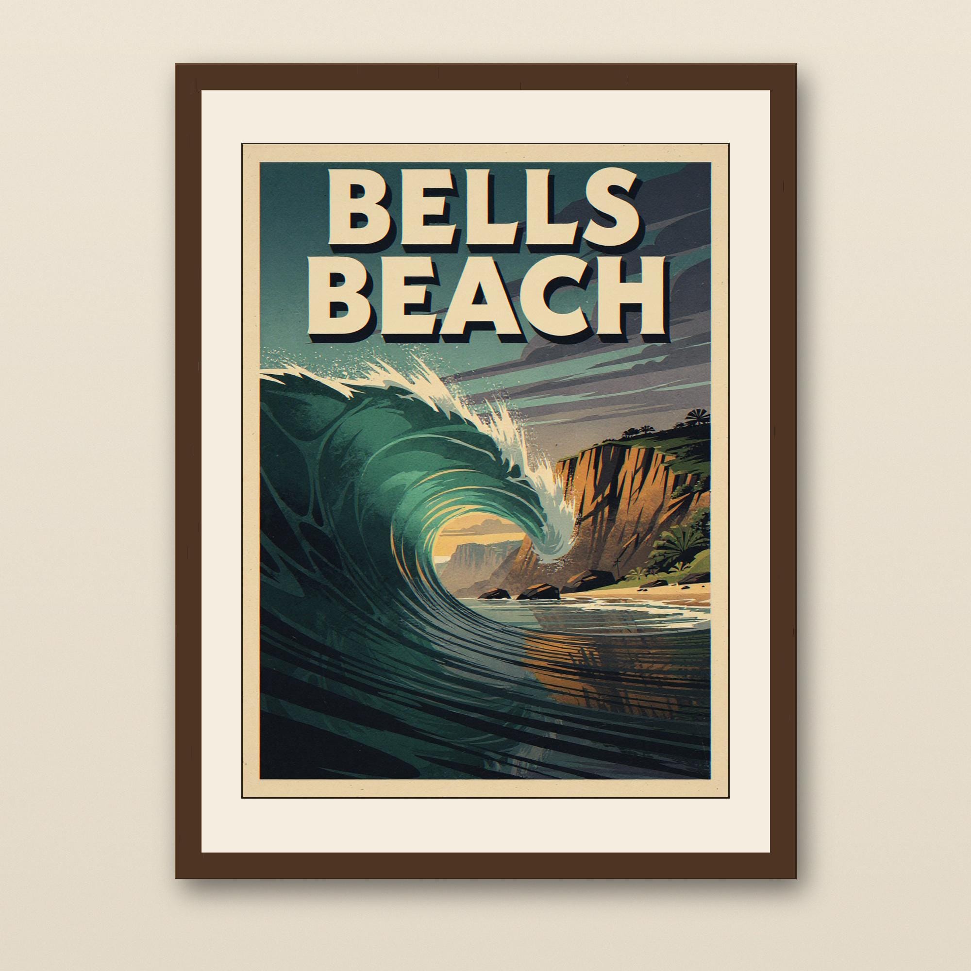 Bells Beach Australia Surf Poster - walnut framed art print with cream mat on plaster wall