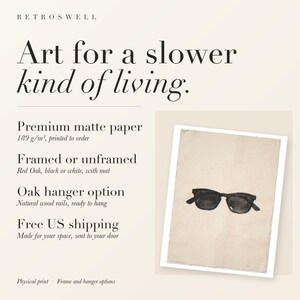 RetroSwell print details for Wayfarer Sunglasses Sumi-e Ink: premium 189 g/m² matte paper, framed or unframed, oak hanger option, free US shipping.