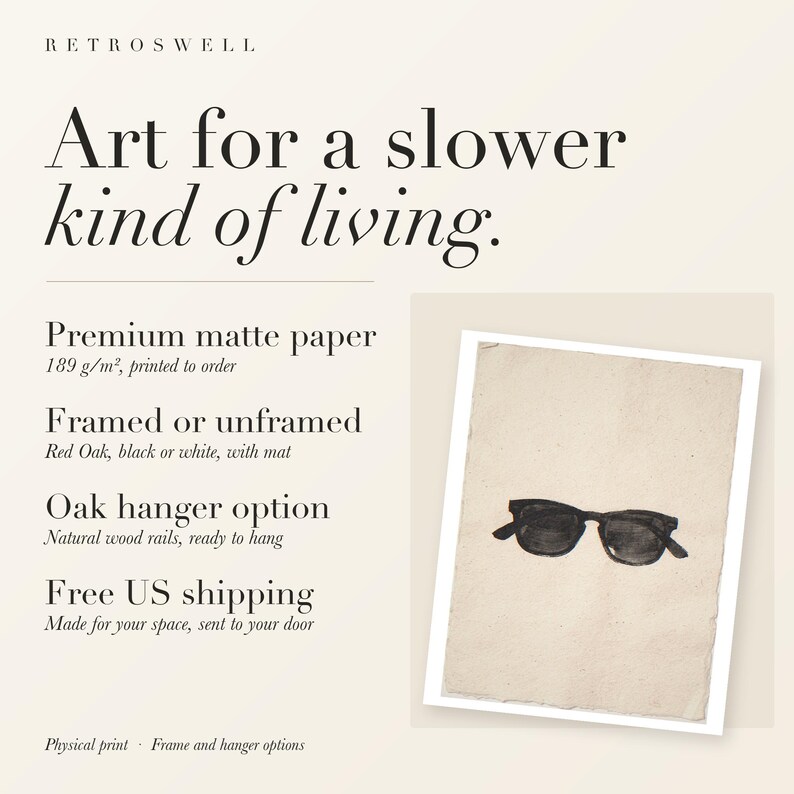 RetroSwell print details for Wayfarer Sunglasses Sumi-e Ink: premium 189 g/m² matte paper, framed or unframed, oak hanger option, free US shipping.