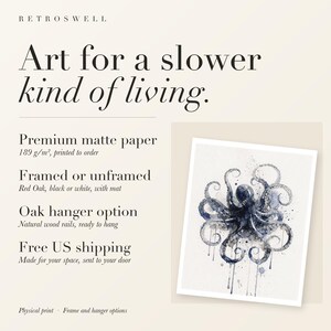 RetroSwell print details for Octopus: premium 189 g/m² matte paper, framed or unframed, oak hanger option, free US shipping.