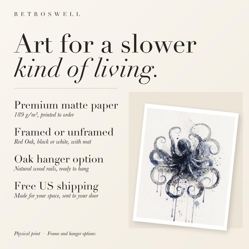 RetroSwell print details for Octopus: premium 189 g/m² matte paper, framed or unframed, oak hanger option, free US shipping.