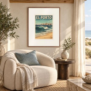 El Porto Manhattan Beach Surf print in a Red Oak frame with a white mat in a light-filled coastal sitting room.