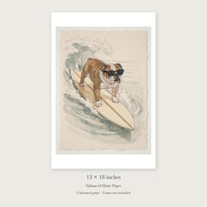 Bulldog Surfing unframed 12 by 18 inch print on enhanced matte paper, shown with its white paper border.
