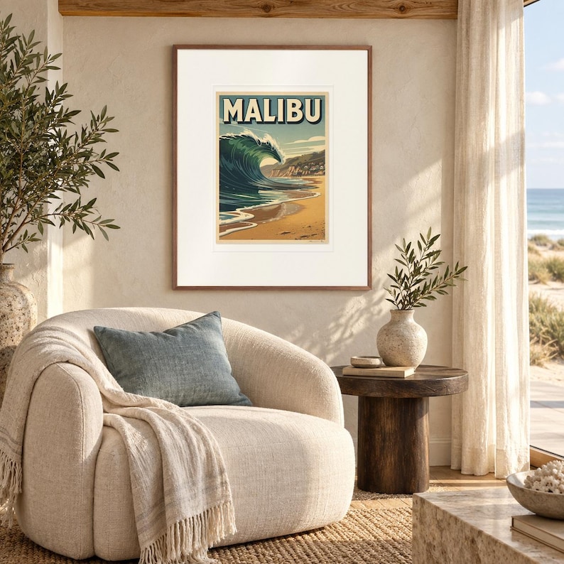 Malibu Surf print in a Red Oak frame with a white mat in a light-filled coastal sitting room.