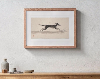 May include: A framed horizontal print featuring a black and brown dog in a full running stride. The artwork is rendered in a sketch style on a light beige background with a small red square seal in the lower left corner, encased in a light wood frame.