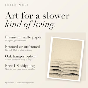 RetroSwell print details for Layered Waves Ink Style: premium 189 g/m² matte paper, framed or unframed, oak hanger option, free US shipping.