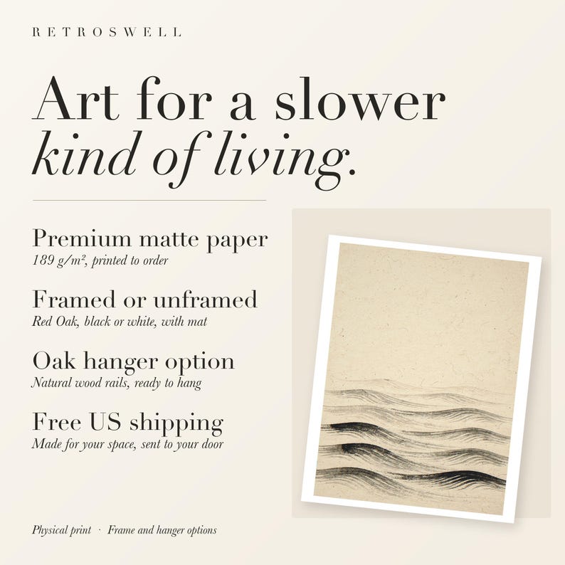 RetroSwell print details for Layered Waves Ink Style: premium 189 g/m² matte paper, framed or unframed, oak hanger option, free US shipping.