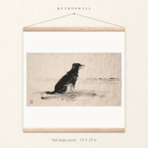 Dog Gazing at the Sea Xieyi Ink oak hanger poster, 18 by 18 inches, the painting centred on the paper with natural wood rails and a hanging cord.