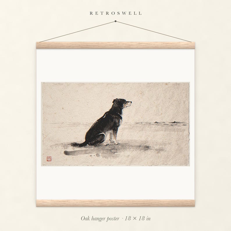Dog Gazing at the Sea Xieyi Ink oak hanger poster, 18 by 18 inches, the painting centred on the paper with natural wood rails and a hanging cord.
