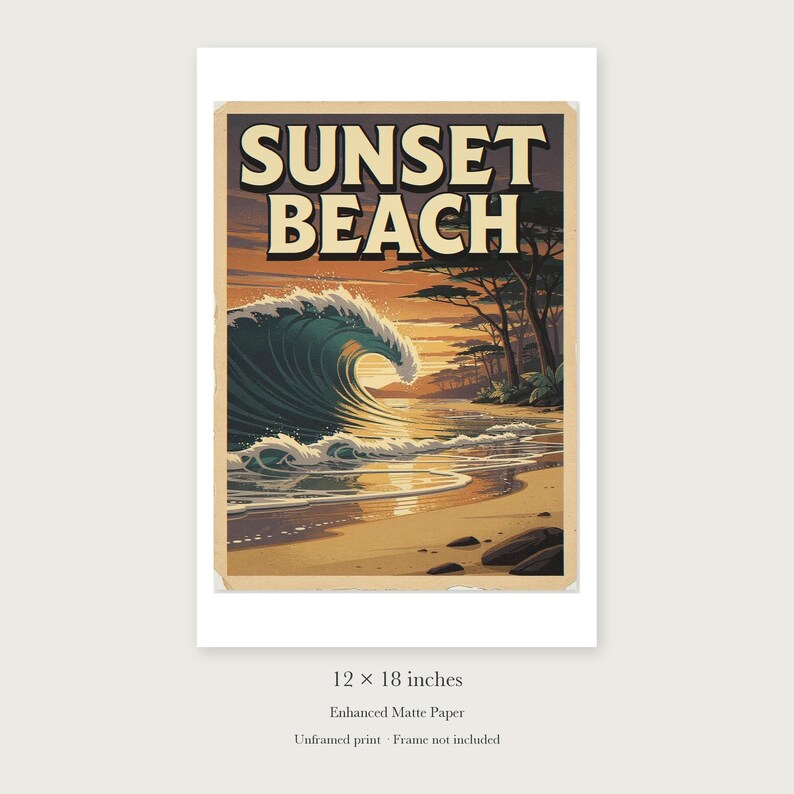 Sunset Beach Hawaii Surf Travel Poster, Framed or Unframed Vintage Style Coastal Print image 8