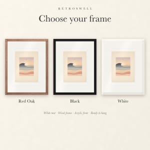 Frame options for Pastel Morning Swells Nursery: Red Oak, black and white wood frames, each with a white mat.