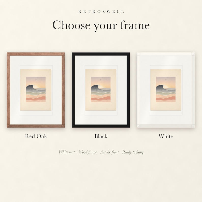 Frame options for Pastel Morning Swells Nursery: Red Oak, black and white wood frames, each with a white mat.