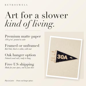 RetroSwell print details for 30A, Florida Surf Pennant: premium 189 g/m² matte paper, framed or unframed, oak hanger option, free US shipping.
