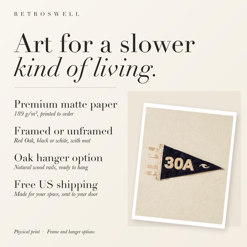 RetroSwell print details for 30A, Florida Surf Pennant: premium 189 g/m² matte paper, framed or unframed, oak hanger option, free US shipping.