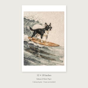 Boston Terrier Surfing unframed 12 by 18 inch print on enhanced matte paper, shown with its white paper border.
