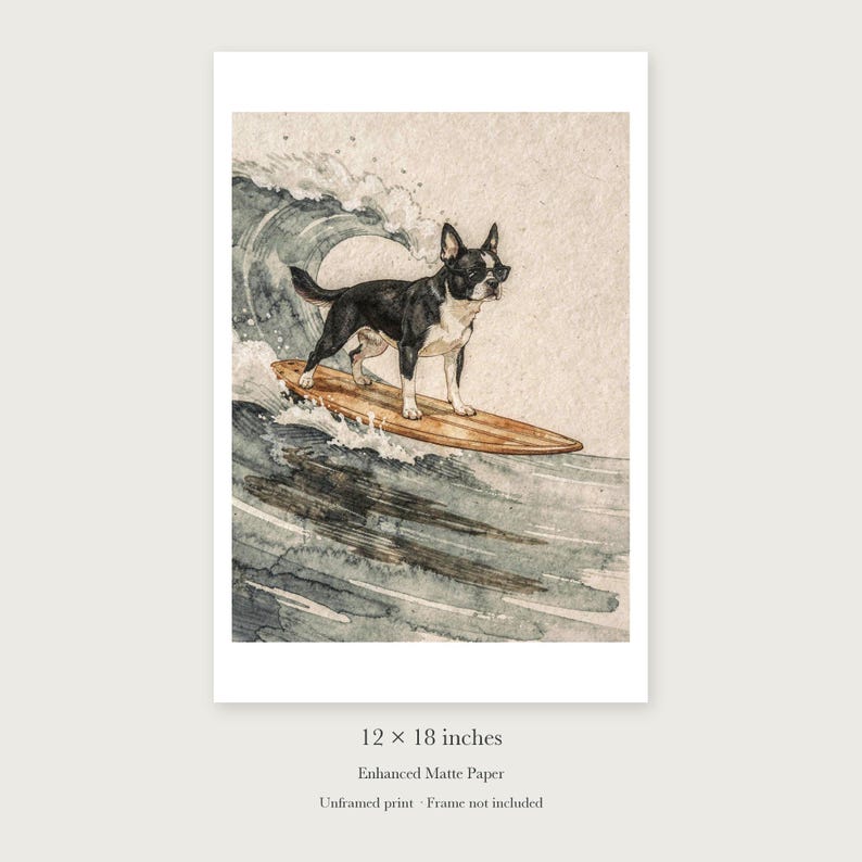 Boston Terrier Surfing unframed 12 by 18 inch print on enhanced matte paper, shown with its white paper border.